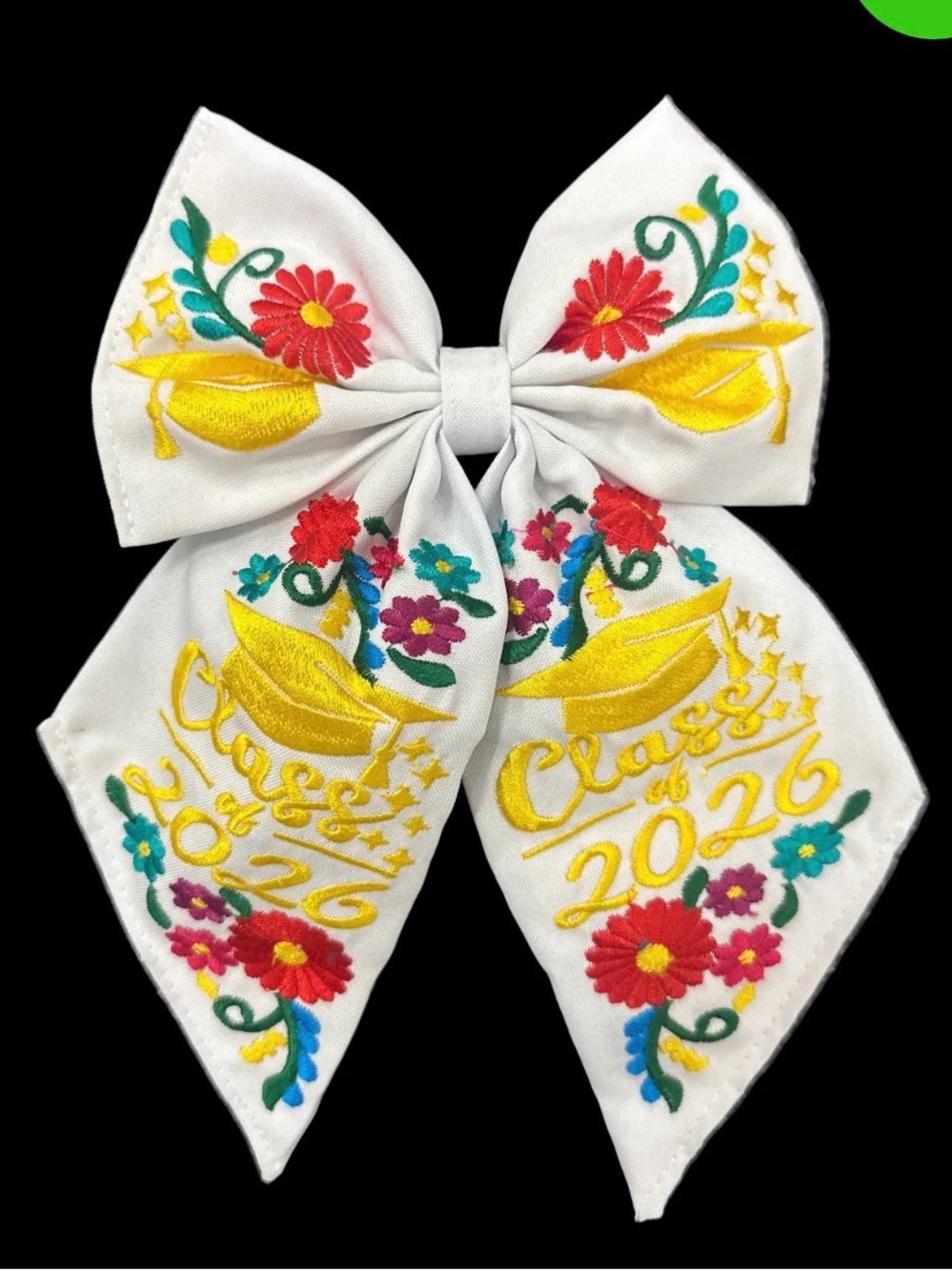 Embroidered "Class of 2026" White Graduation Bow with Floral Accents
